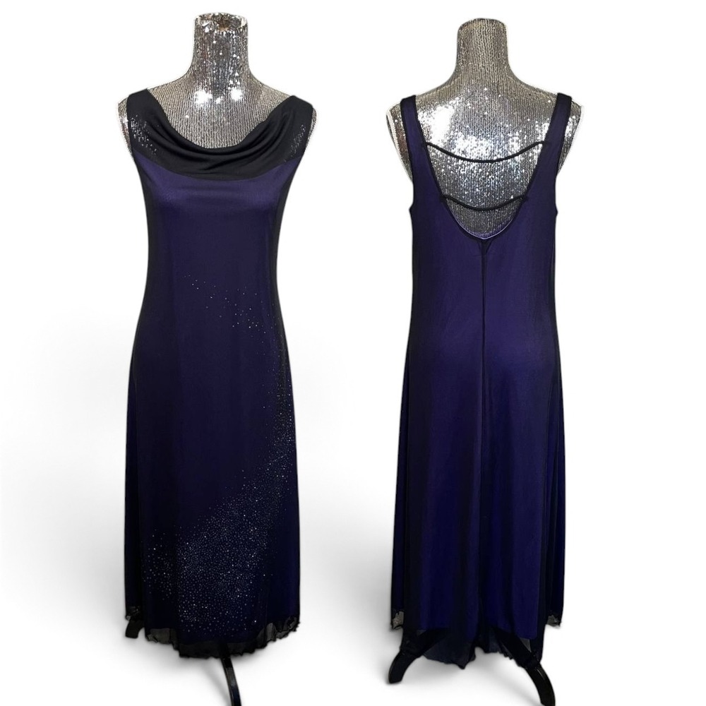Vintage Purple Black Mesh Glitter Cowl Neck Long Dress 12 Y2K Whimsigoth